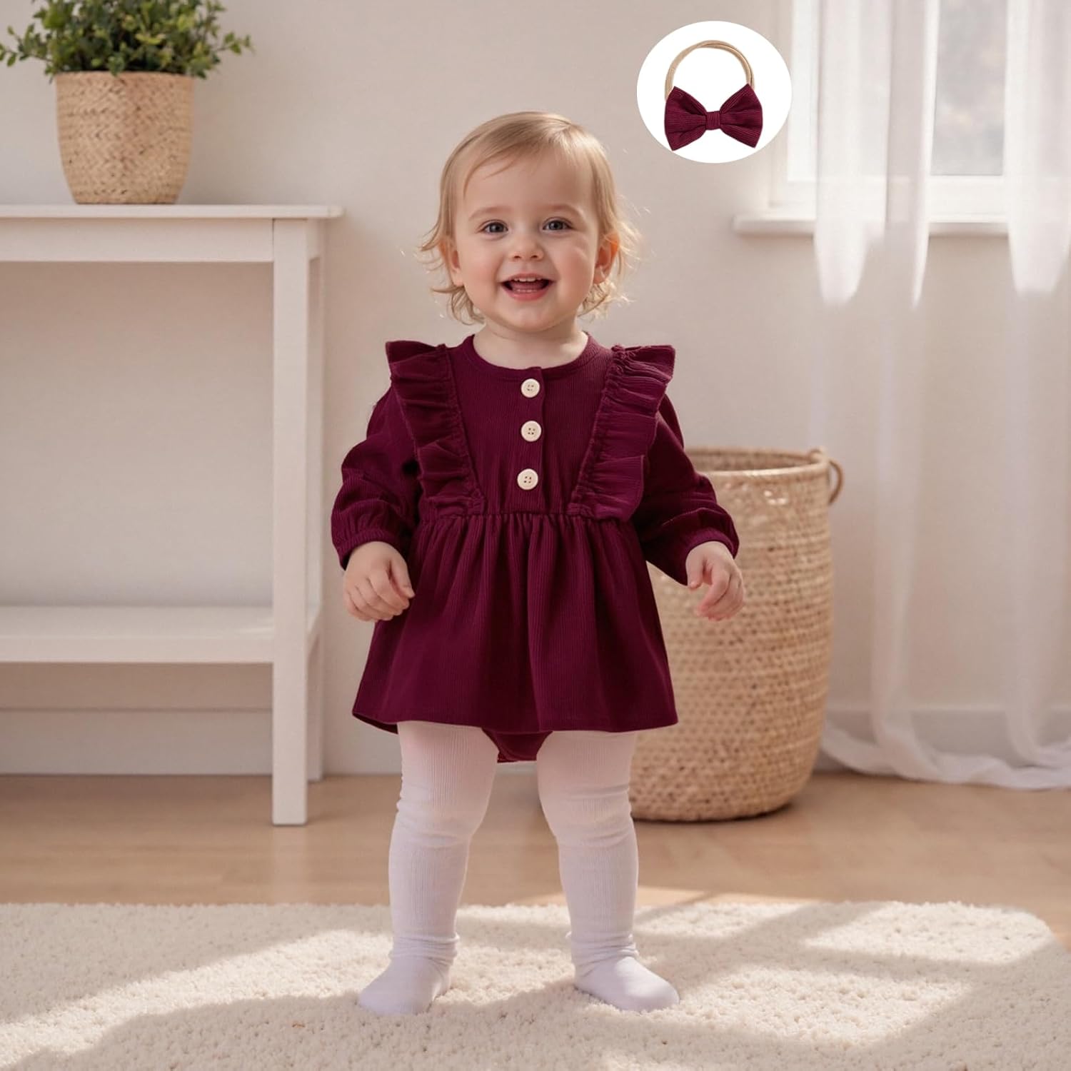 Karuedoo Newborn Infant Baby Girl Christmas Outfit Corduroy Ruffle Long Sleeve Romper Dress Tutu Jumpsuit with Headband - Image 2