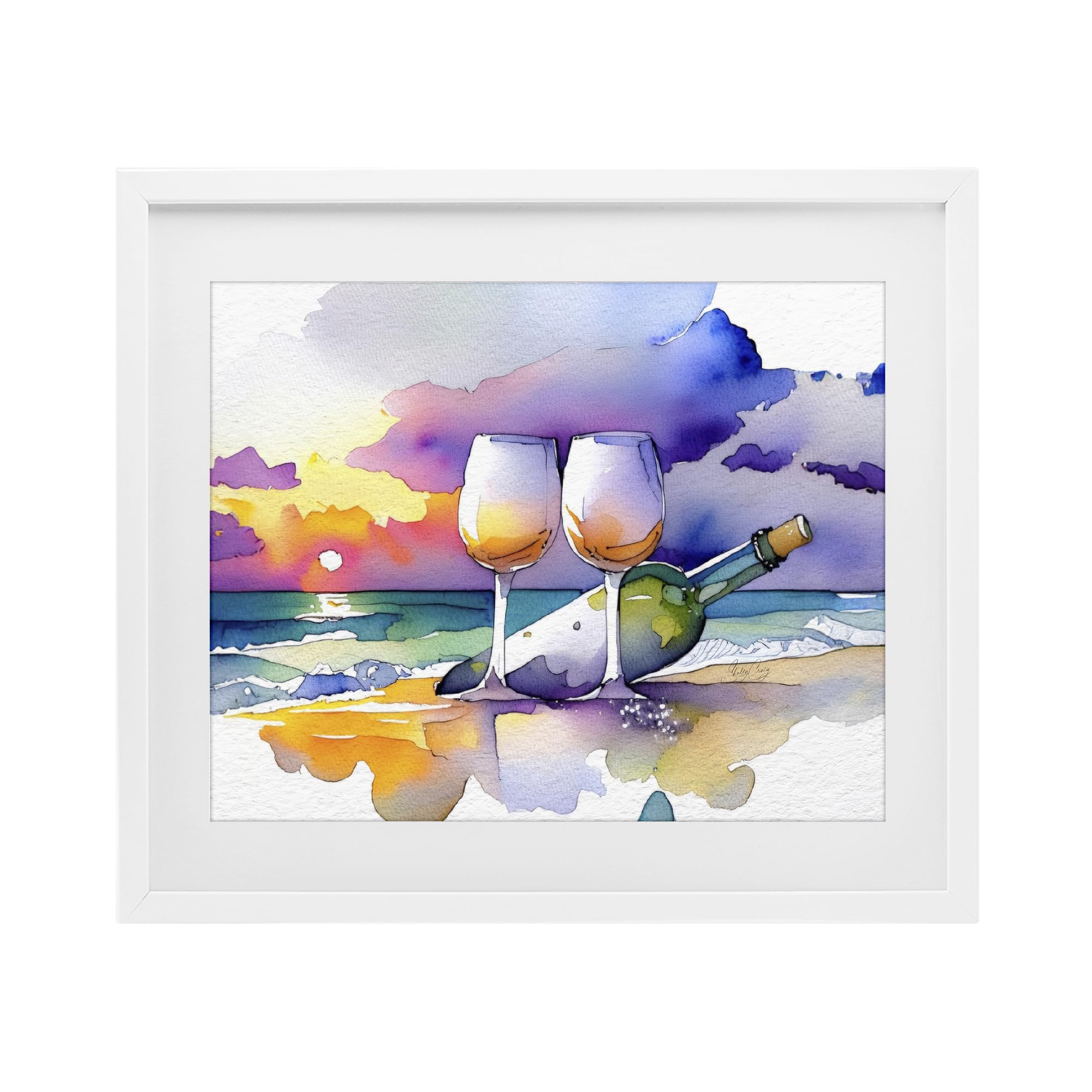 Stupell Industries Coastal White (Textured) 'Coastal Cheers With Wine'| Framed Print Under Glass
