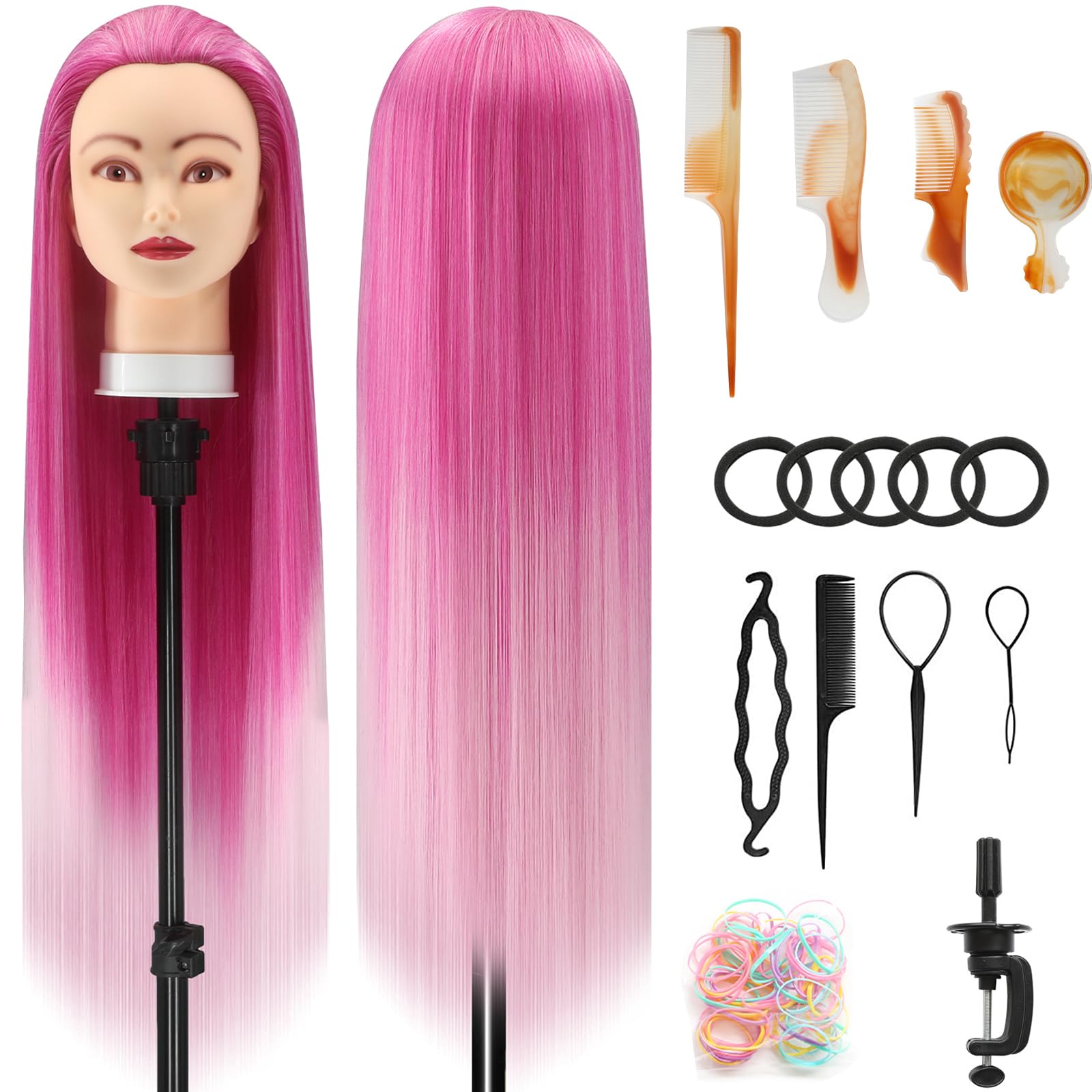 Styling Head 28 inch Training Head 100% Synthetic Fibres Hairdressing Head Hairdresser Training Heads with Free Clamp and DIY Braiding Set (MF)