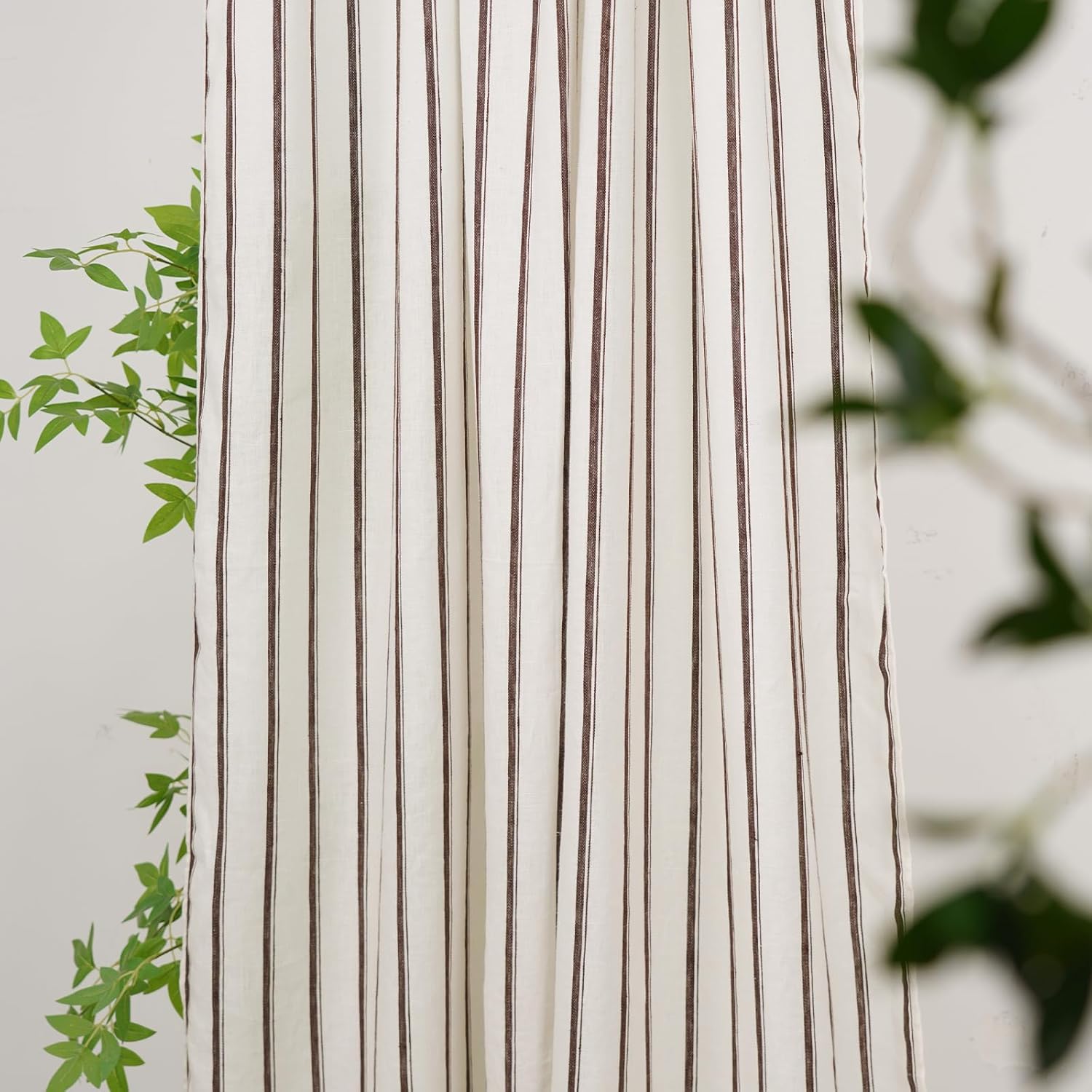 100% Linen Striped Curtains for Living Room, 52 x 84 Inch Rod Pocket Window Curtain for Sliding Glass Door Bedroom Dining Room 1 Panel, Coffee