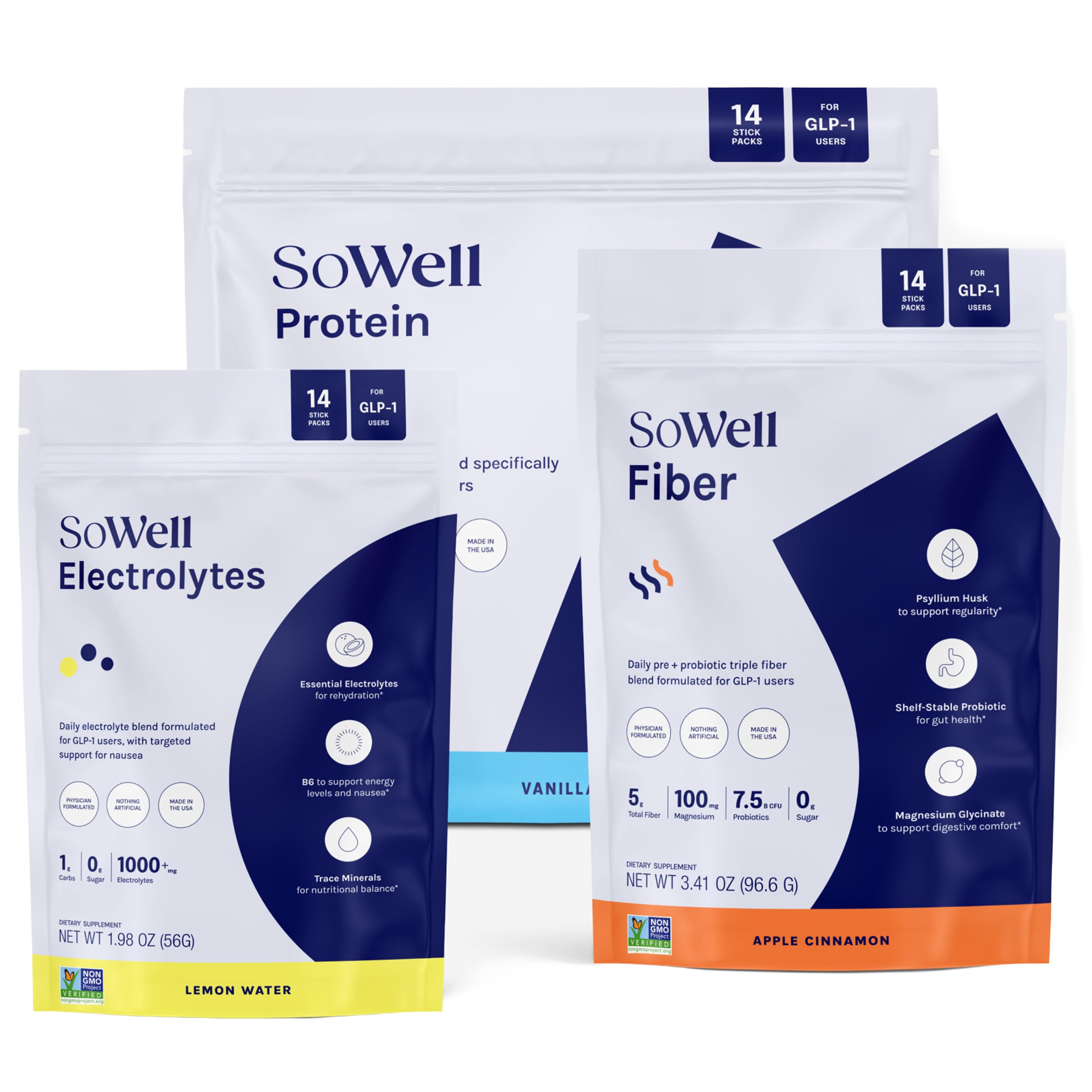 SoWell GLP-1 Support Bundle – Electrolytes Lemon Water, Fiber Apple Cinnamon & Vanilla Protein – Hydration, Digestion & Protein Support : Health & Household