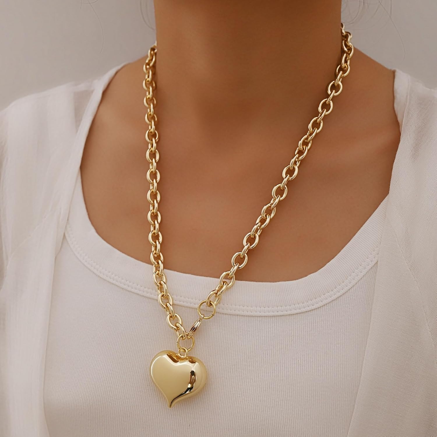 Gold Heart Necklace For women,18K Gold Plated Chunky Heart Pendant Nacklace Trendy Layer Long Heart Necklaces layered Puffy Heart Necklaces Statement Necklaces - Image 5
