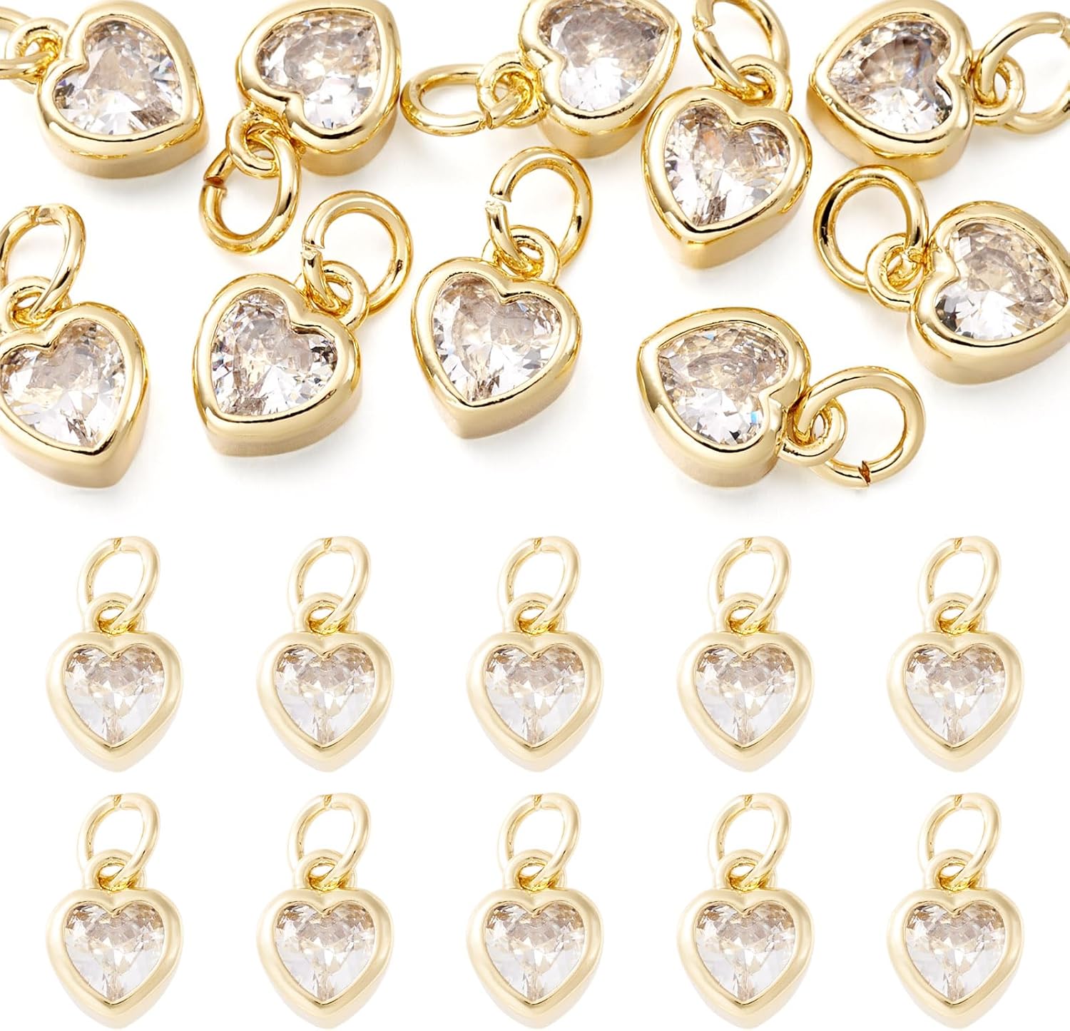 FASHEWELRY 10Pcs Grade AAA Cubic Zirconia Heart Charms 18K Gold Plated Crystal Heart Pendants Sparkling Micro Pave CZ Pendants for Bracelet Necklace Jewelry Making Festival Gift