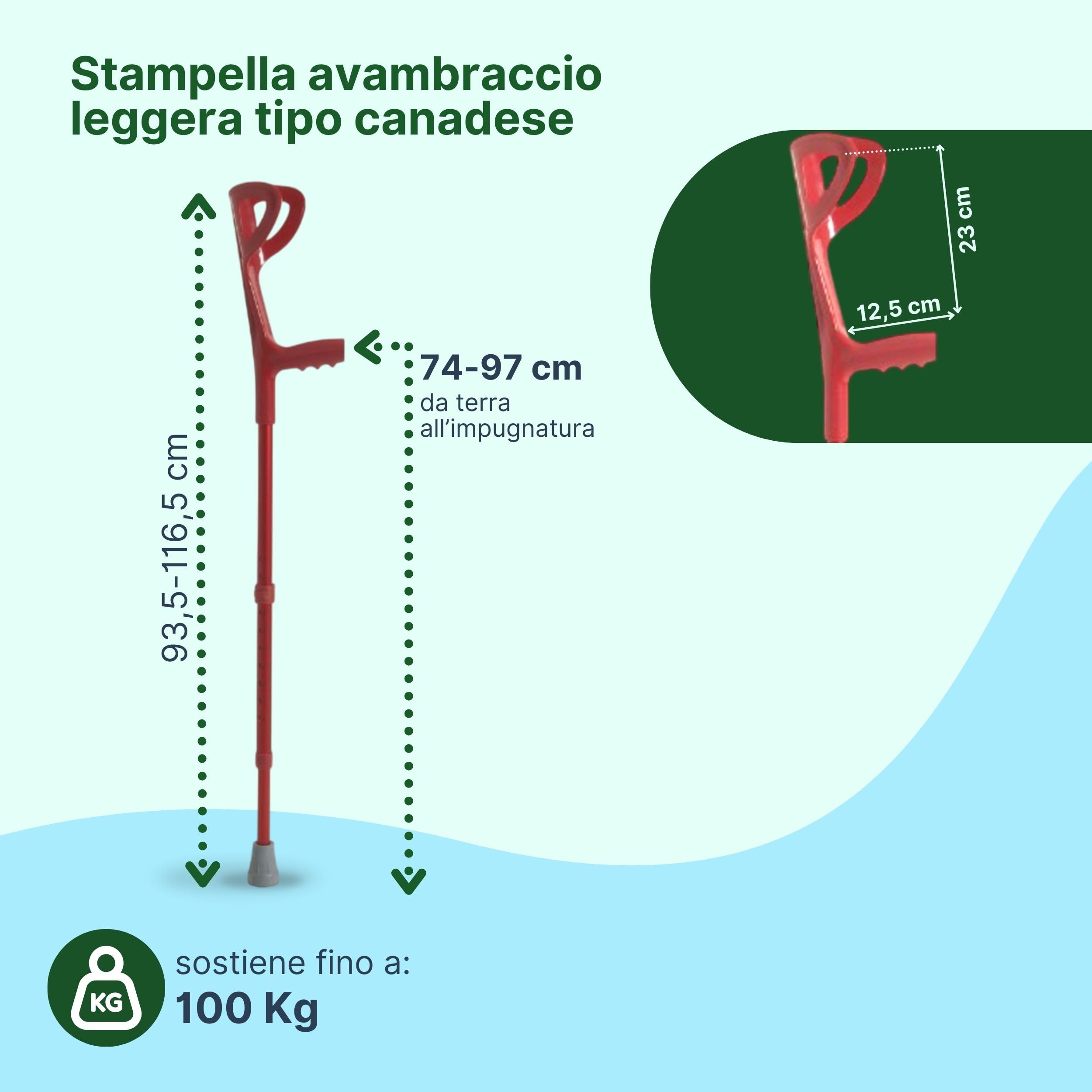 Stampelle Ortopediche Regolabili in 1 Paio Altezza Blu - Doppia Stampella Ortopedica con Anello Antirumore, Pomello Rifrangente e Impugnatura Antiscivolo