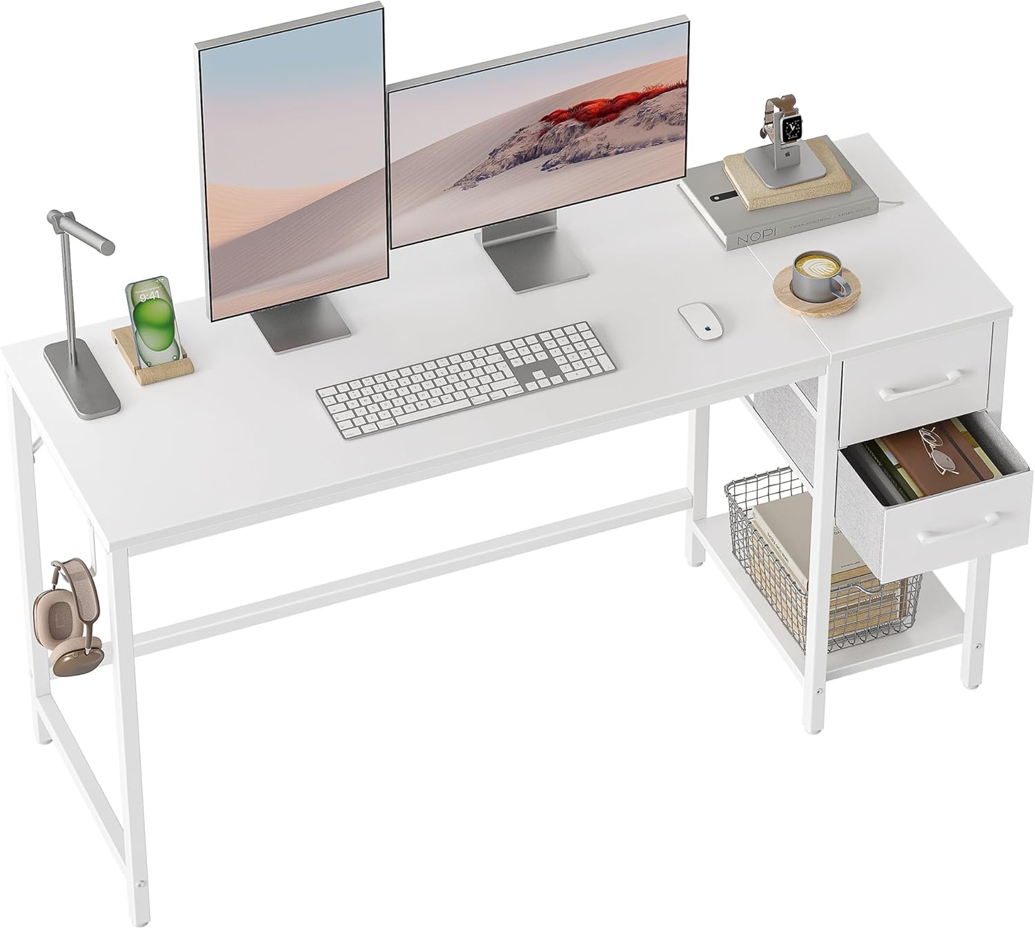 CubiCubi Computer Desk with 2 Drawers, 47 Inch Small Home Office Desk with Storage Study Writing Table, Pure White