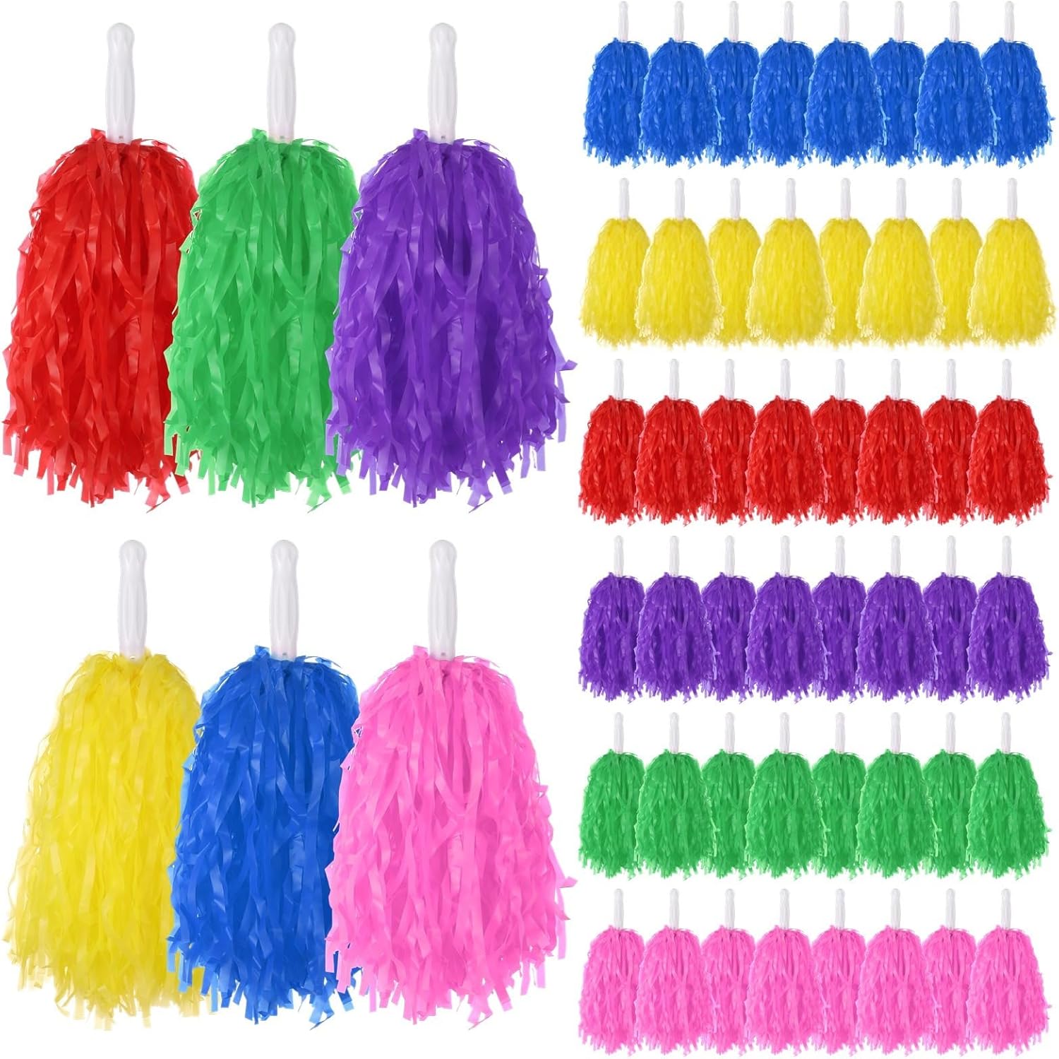 48-Piece Cheerleading Pom Poms, Plastic Pom Poms with Handles for Dance, Sports, Parties, and Events