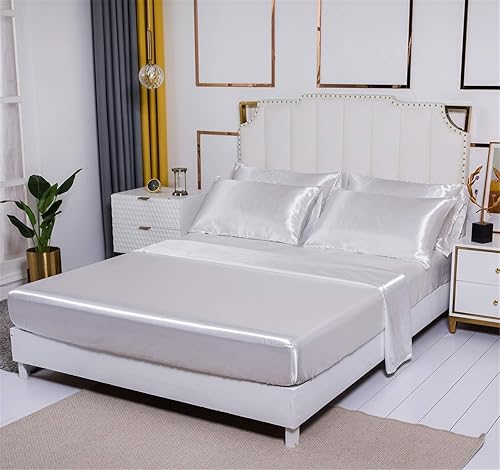 Miniatura 2 de Juego de sábanas de seda de 6 piezas de lujo, color blanco satinado, liso y sedoso con sábana bajera de bolsillo profundo, color liso, ultrasuave,