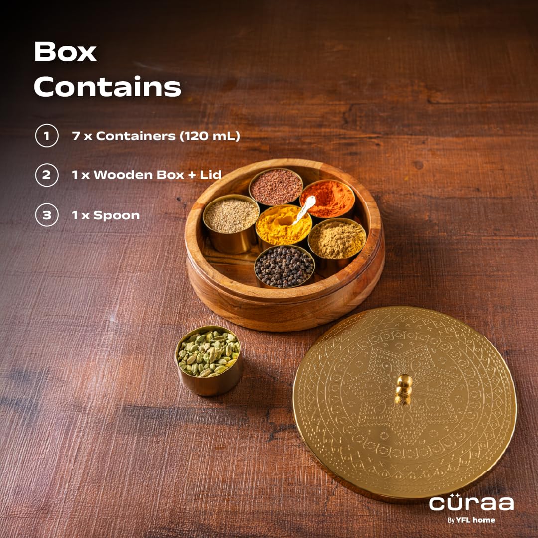 CÜRAA Masala Dani | Acacia Wood Masala Dabba by Chef Sanjyot Keer | Spice Box for Kitchen with 7 Detachable Containers & Spoon | 120ml Each | Gift for Home — Amazon image 8