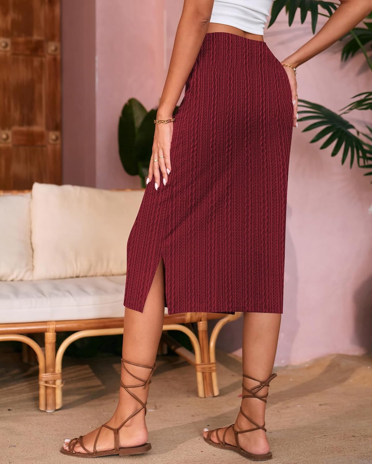 Naggoo Knitted Midi Skirts for Women Summer Elastic High Waisted Side Slit Long Skirt - Image 2