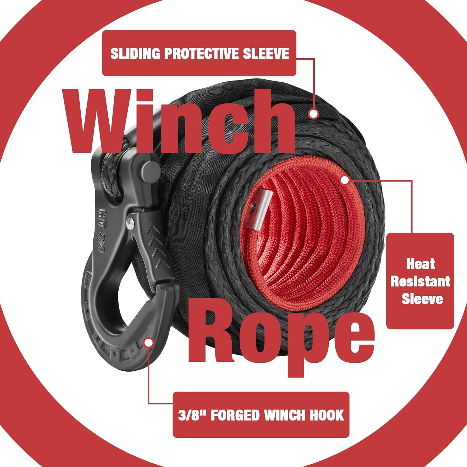 Black Synthetic Rope Winch Rope 3/8 inch x 80 feet, 24000lbs Winch Rope Cable Kit, Winch Line with Protective Sleeve for 4WD Road Vehicle Truck SUV Jeep