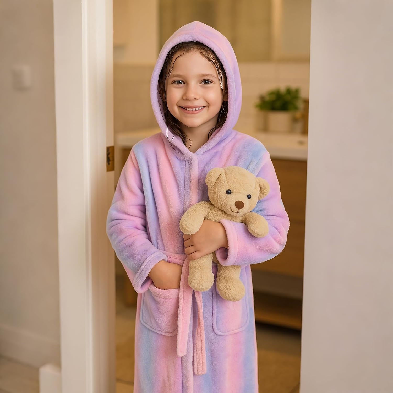 ACTLATI Girls Hooded Plush Bathrobe Full Length – Soft Fleece Robe with Belt & Pockets, Long Kids Robe for Girls Ages 3-13 - Image 9