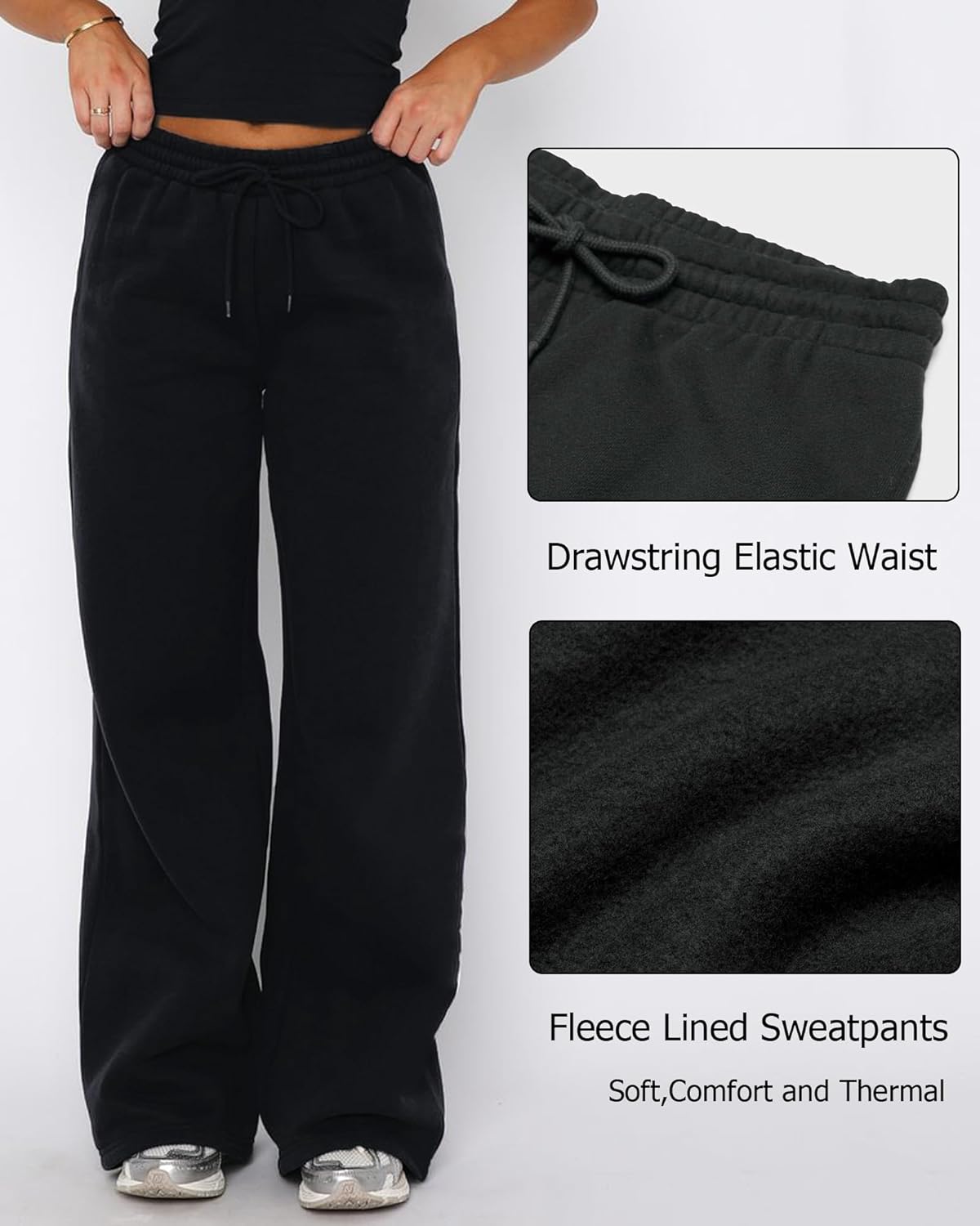 AROGONE Women's Fleece Lined Sweatpants Baggy Straight Wide Leg Drawstring Winter Warm Sweat Pants with Pockets - Image 4