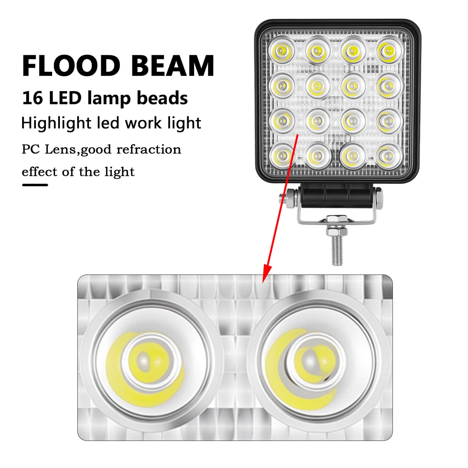 RIGIDON Kwadratowe oświetlenie robocze LED, 10 cm, 48 W, wiązka powodziowa, 12 V, 24 V, lampa do samochodu, terenowego, łodzi, ciężarówki, 4 x 4 SUV, ATV, ciągników, koparki, 6000 K, białe, lampa