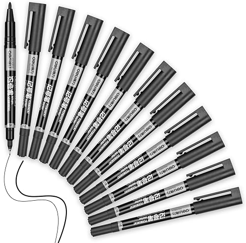 deli Marcadores permanentes de doble punta, 12 unidades, color negro, punta fina y punta ultrafina, secado rápido y larga duración para firma y
