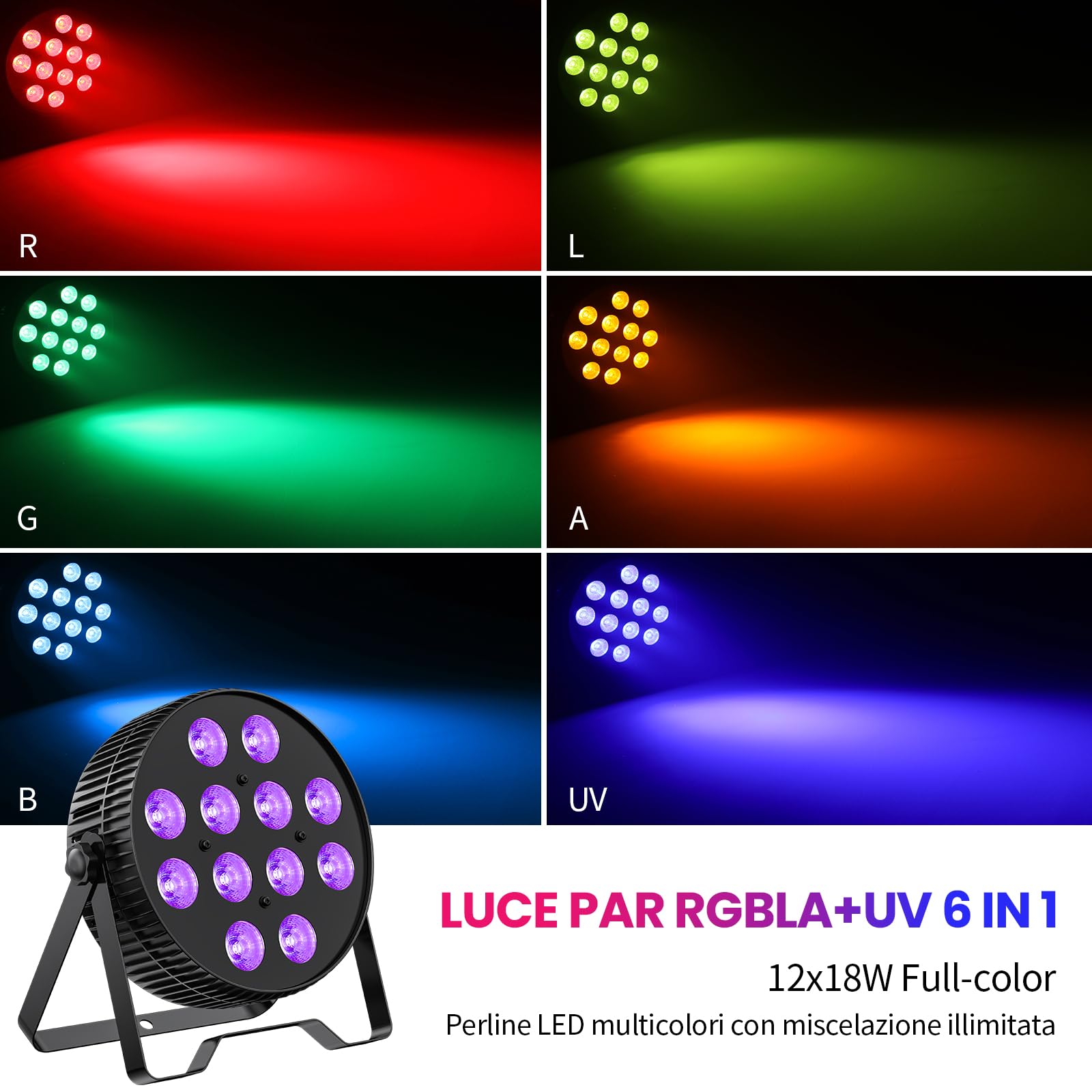 BETOPPER PAR LED 12X18W, Farettore 6-in-1 RGB+Lime+Ambra+UV per Luci DJ con Effetti Wash/Strobe e Uplighting, Controllo DMX512/Attivazione Sonora per Feste, Concerti, Bar, 1PZ