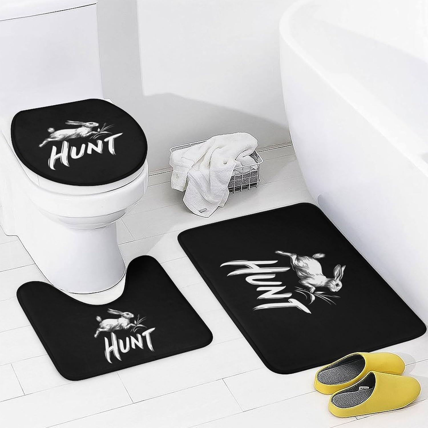 Hunt Hunting Rabbit Running Modern Bathroom Sets with Shower Curtain and Rugs Decor 4 Pcs with 12 Hooks