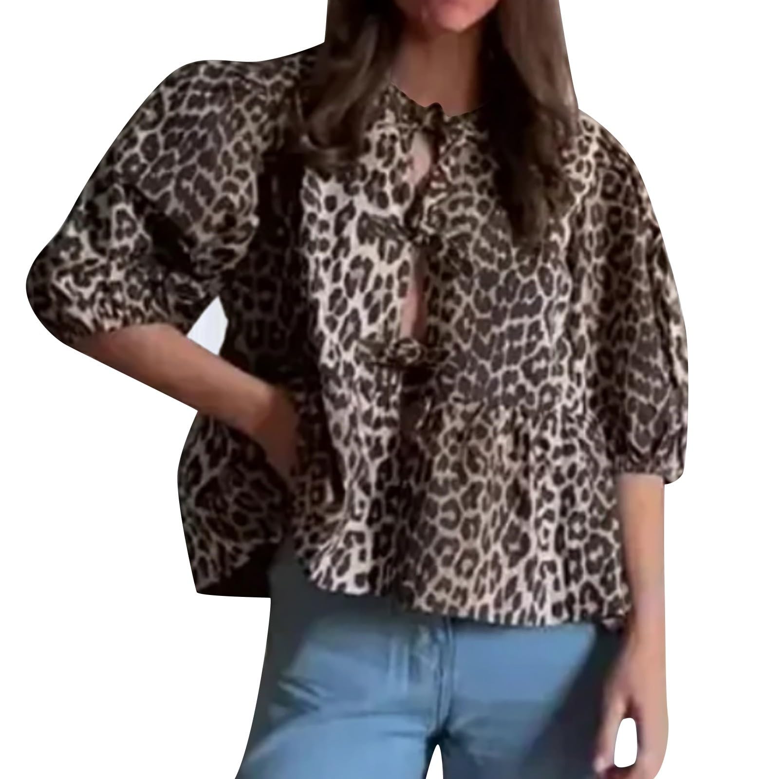 Genérico Camisa Leopardo Mujer Elegante Casual Camisa Manga De Burbuja con Tirantes Huecos Estampados Camisa Casual De Verano para Mujeres, Nueva Blusa 2024 Camisas AlgodóN Camiseta Relajada Blusa De Playa