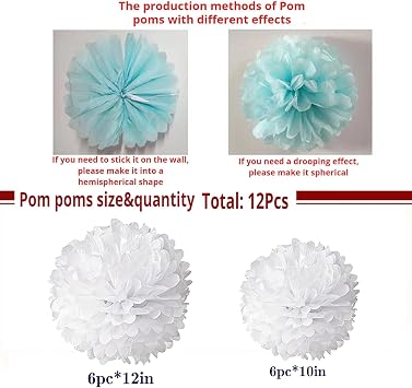 White Tissue Paper Pom Poms 12Pcs- Hanging Paper Flowers for Wedding Birthday Graduations Christmas and Special Occasions(10 & 12 inch)