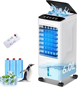 冷風機 冷風扇【水冷式・上から給水】圧倒的パワフル送風 8m/s 風量3段階調節 左右自動首振り 1〜7時間タイマー リモコン/操作パネル対応 省エネ 6L大容量タンク 静音 保冷パック付き 工事不要 家庭用/オフィス ペット対策