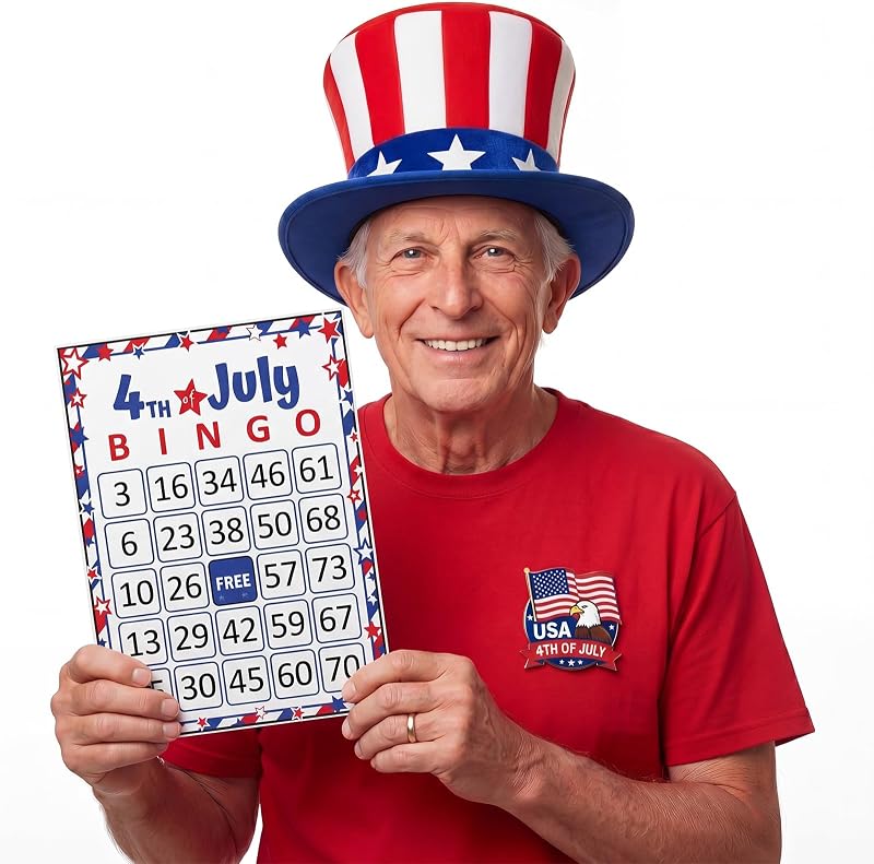 20 Pcs 4th of July Jumbo Bingo Cards Large Print Independence Day Bingo Games for Seniors, Family Patriotic Party Supplies
