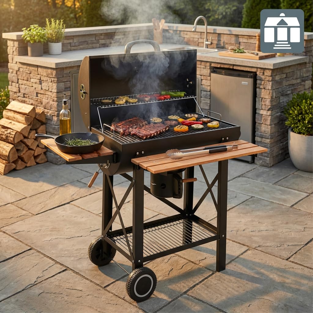 Tarrington House Barbecue a Carbone Louisiana, Acciaio/Legno, Raccoglicenere, Sistema di Ventilazione, Tavolini Laterali, Nero