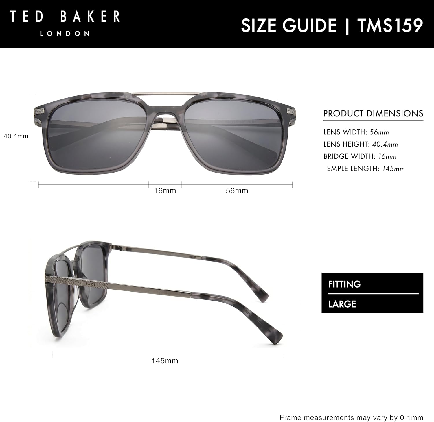 Ted Baker TMS159 Men's Double Bridge Square Polarized Designer Sunglasses, UV400 Protection, 56 mm