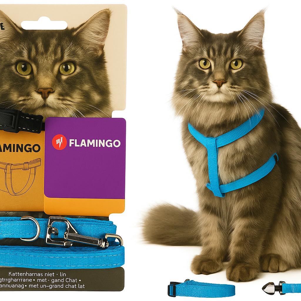cat harness - large cat Elza blue - 22-32cm - 35-56cm - leash 120cm - adjustable nylon - reflective - with carabiner