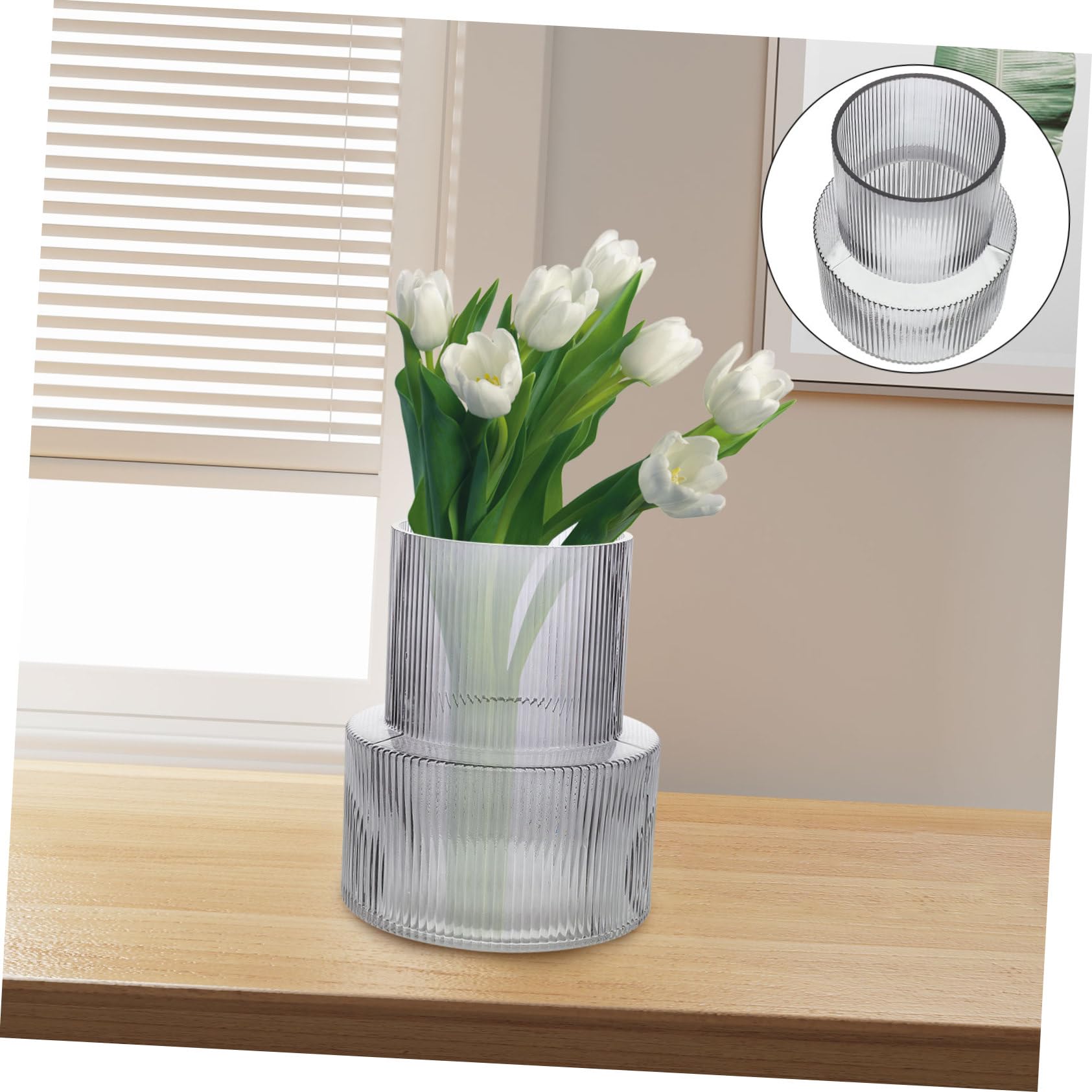 Vase Décoratif en Verre Côtelé Gris pour Fleurs, Table et Maison