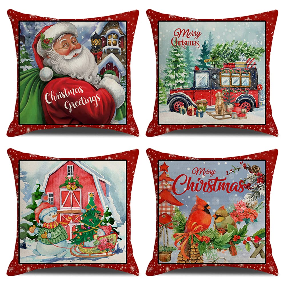 NANEEZOO Christmas Cushion Cover - 4 Pack Cotton Linen Pillow Covers 18 x 18 Inch Merry Christmas Cotton Linen Throw Pillow Cases Red Decorative Pillowcase for Car Sofa Bed Couch Bench Living (Red)