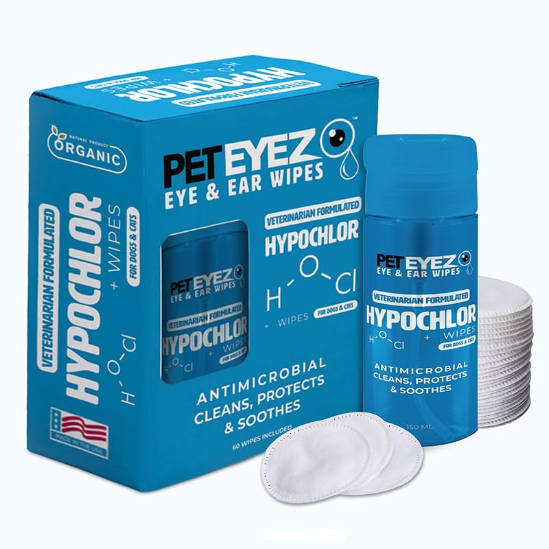 Removedor de manchas de lágrimas para cães e gatos PetEyez com solução de ácido hipocloroso 0,03% e 100 toalhas