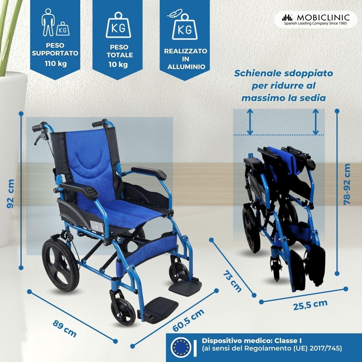 Mobiclinic, Sedia a rotelle da transito, Pirámide, Carrozzina pieghevole, Alluminio, Freno sulle maniglie, Per anziani, Poggiapiedi, Braccioli, Marchio ce, Leggera, Seduta 46 cm, Blu