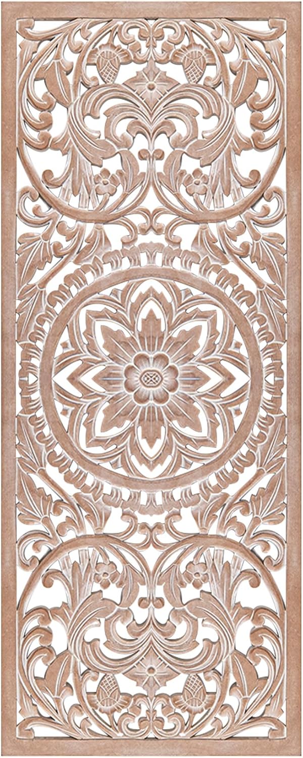 Amara Boho Carved Wood Wall Art, Handmade in Bali Mandala Panel Decor, Natural Brown Vertical Farmhouse Wall Hanging Accent, 39 x 16 in
