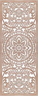 Amara Boho Carved Wood Wall Art, Handmade in Bali Mandala Panel Decor, Natural Brown Vertical Farmhouse Wall Hanging Accent, 39 x 16 in