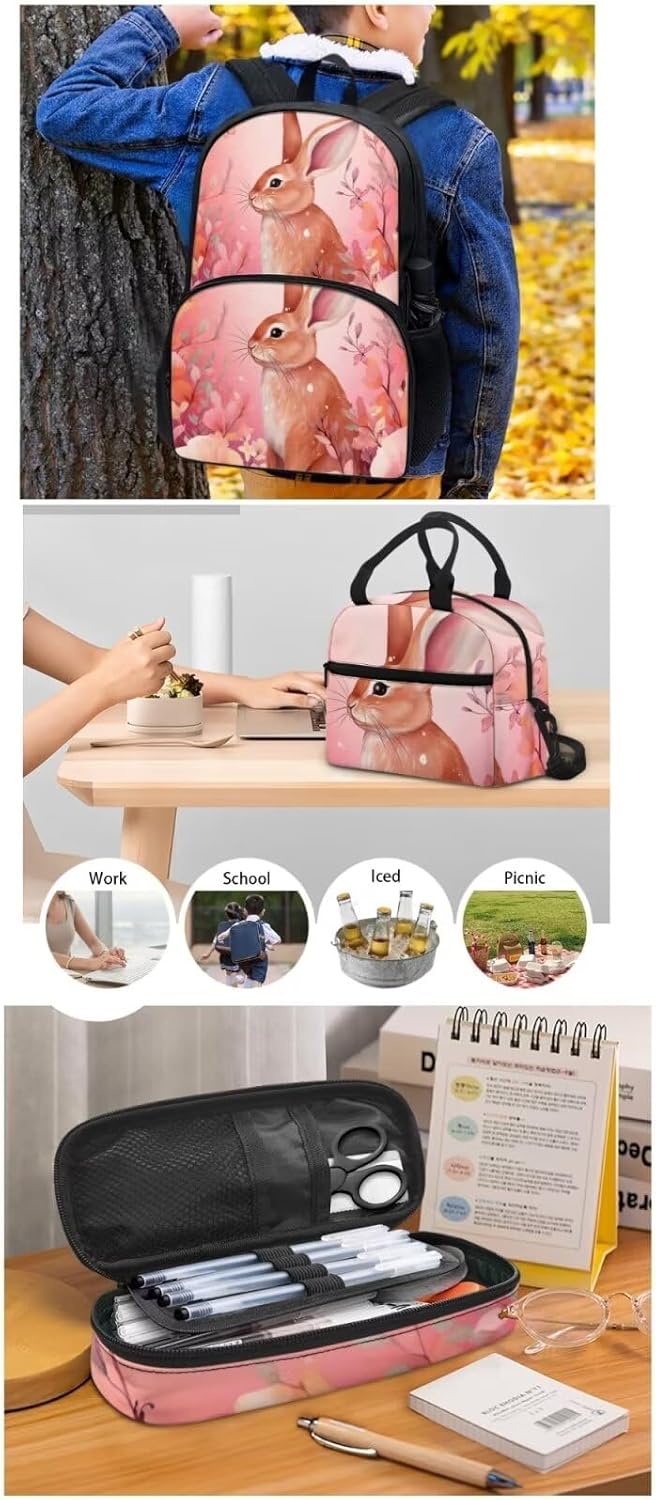 AmzPrint Rabbit Backpack And Lunch Box For Girls Kids School Bags With Lunch Box As Gift Back To School