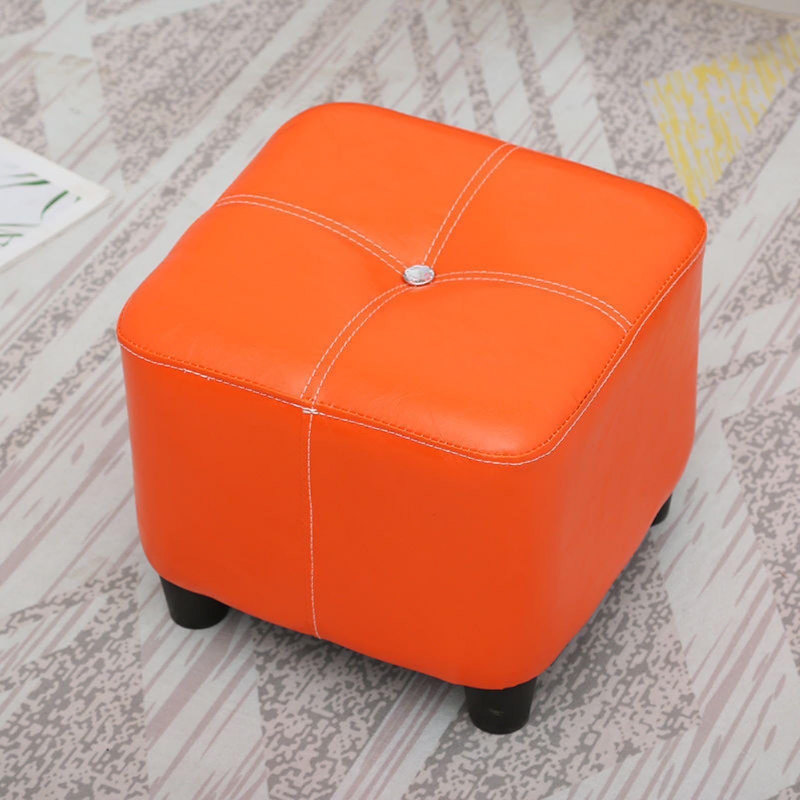 LMMIAOZ Square Footstool in Oil Wax Leather Soft and Anti Slip Easy to Clean Shoe Changing Stool Orange H30CM