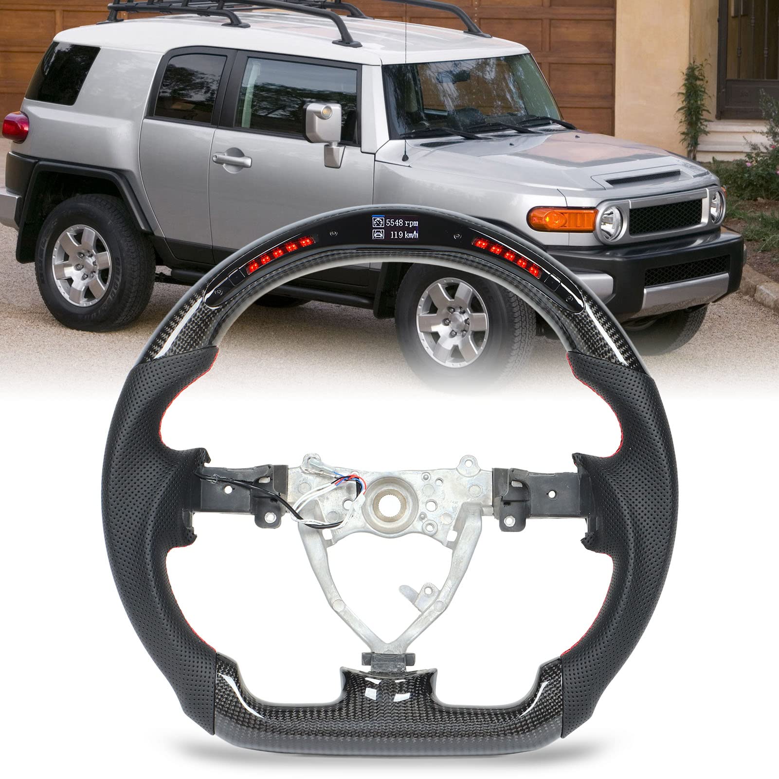 lyrlody Luces de LED Volante de Fibra de Carbono con Costuras Rojas de Repuesto para FJ Cruiser 2007-2017, Diseño de Carreras de Fondo Plano, Agarre Mejorado y Fácil Instalación