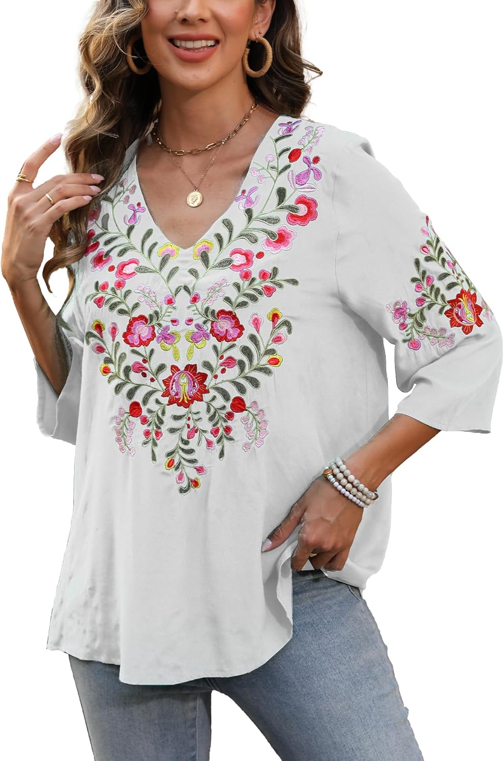 Mexican Embroidered Tops for Women Boho Chic Short Sleeve V Neck Blouse 3/4 Sleeve Floral Casual Summer T-Shirt - Image 3