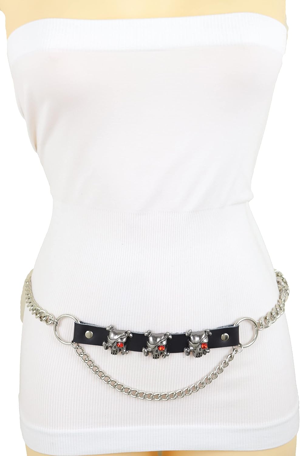 Women Fashion Punk Rocker Fashion Belt Silver Metal Chain Pirate Skull Charm Size M L XL
