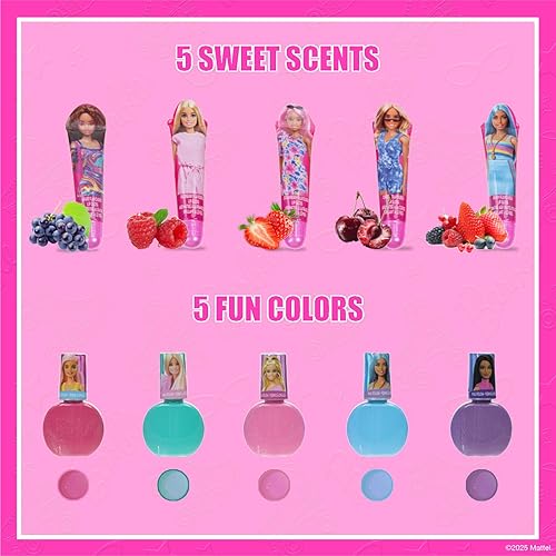 Vista 3 de Set de maquillaje cosmético Barbie para niñas con brillo de labios súper brillante, esmalte de uñas y pegatinas para uñas 11 piezas, perfecto