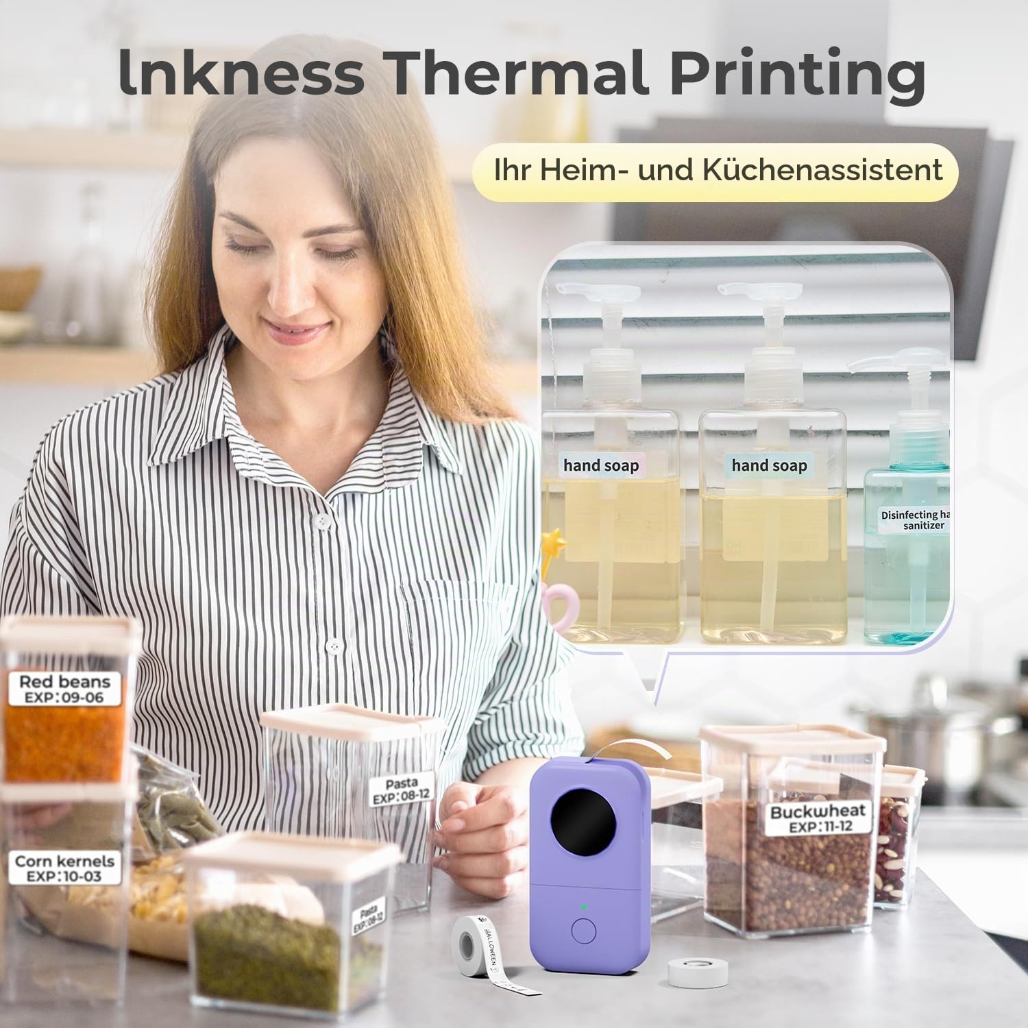Phomemo D30 Etikettendrucker Bluetooth Etikettiergerät Beschriftungsgerät Selbstklebend Labelmaker mit 5 Rollen etikettenpapier Geschenkbox,Mini Label Printer Geeignet für Haushalt und Büro(Violett)