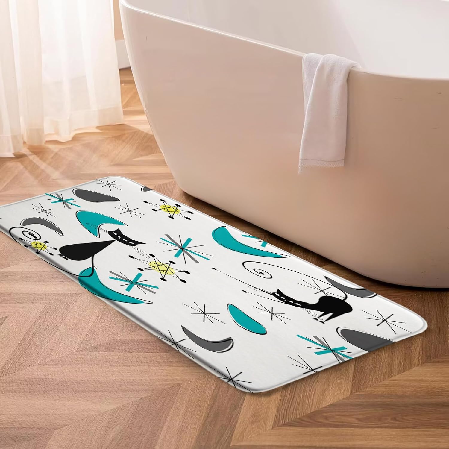 Mid Century Cat Bath Mat Atomic Modern Sputnik Geometric 1950s Black Teal Bathroom Kitchen Toilet Rugs,24x71 Inch