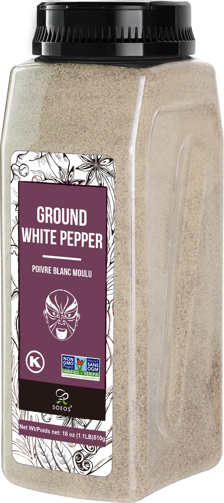 Soeos Fine Ground White Pepper 18oz (510), Non-GMO, Kosher Verified, Freshly Packed to Keep Peppers Fresh, Fine Grain, White Pepper Powder, White Peppercorns Powder, Ground White Peppercorns.
