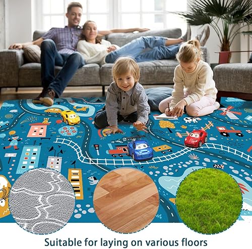 Miniatura 7 de Alfombra de coche para niños de 2 pies 7 pulgadas x 3 pies 11 pulgadas, alfombra de juego para autos de juguete, alfombra de bosque de la ciudad,