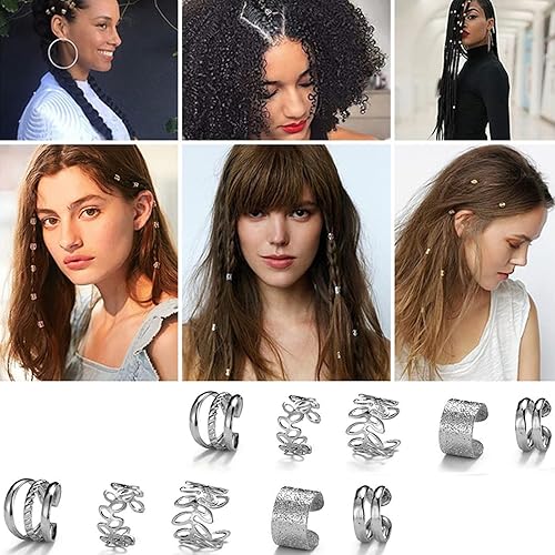 Miniatura 7 de 20 piezas de joyas de plata para el cabello para trenzas, diamantes de imitación de cristal, clips de trenza de metal, sin perforación, joyería para