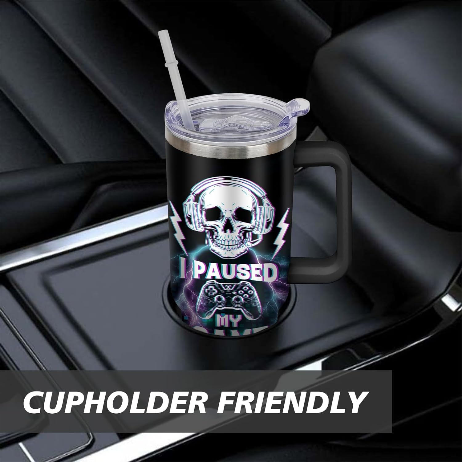 Game Tumbler with Lid and Straw, 40oz Gamer Water Bottle Cup with Handle, Gaming Travel Coffee Mugs, Birthday Gifts for Gamer Men Boys