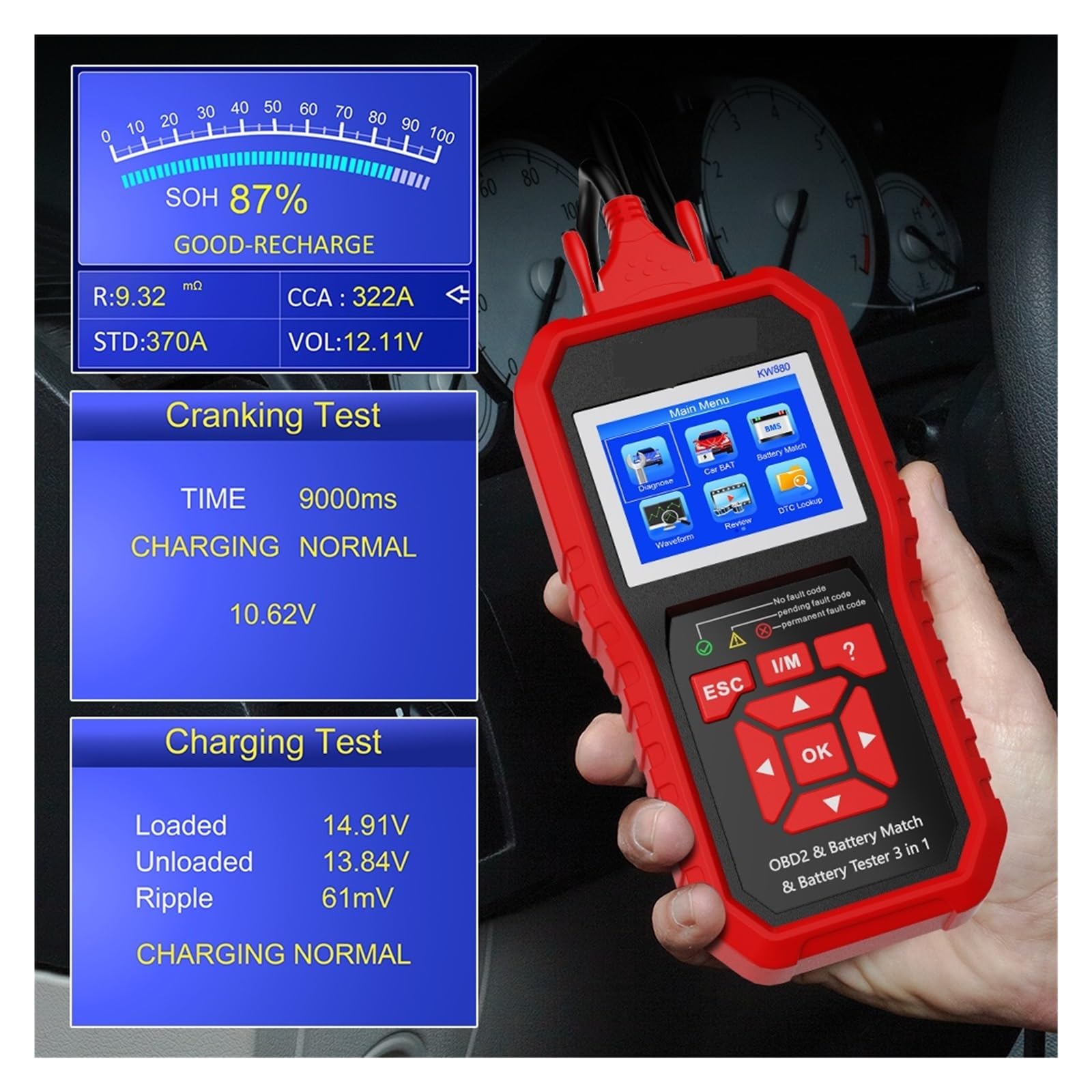 Tester obciążenia akumulatora, Tester akumulatora samochodowego KW880 analizator samochodowy narzędzie diagnostyczne akumulator pasuje do skanera samochodowego