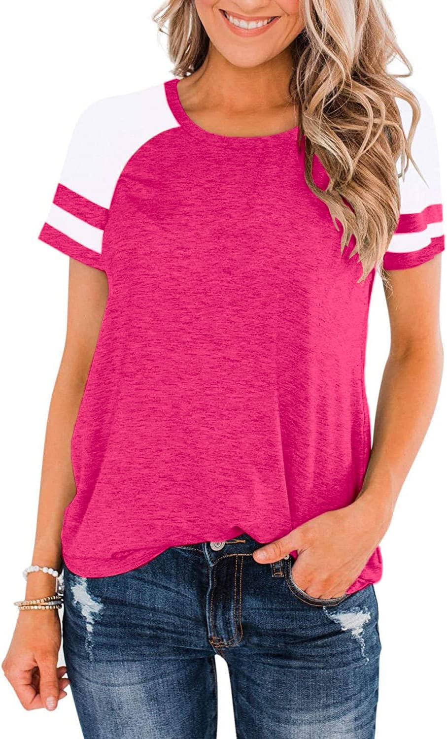 Heymiss Womens Shirts Casual Tunic Tops Color Block Crewneck Summer Loose Fitting Workout Tee Shirts