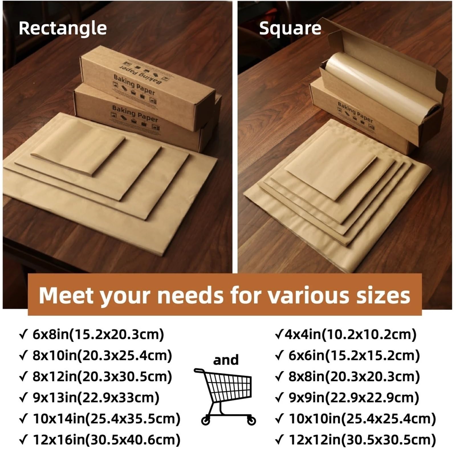 backpapier Sandwich-Geschenkpapier, Lebensmittelkorb-Einlagen, fettdichtes und antihaftbeschichtetes Backpergamentpapier(Brown 12x12in 200pcs)