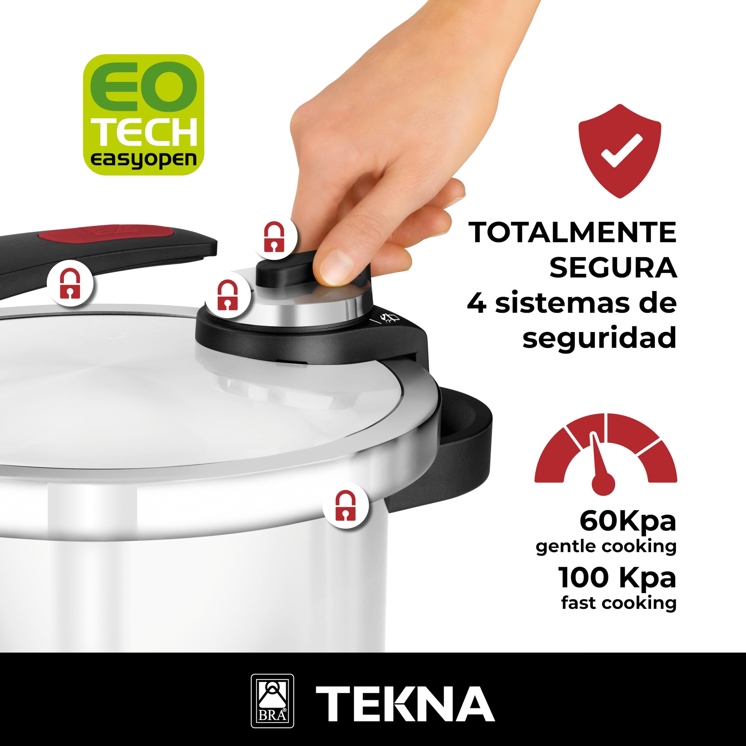 BRA Tekna | Olla a Presión Rápida de Fácil Apertura de 6 Litros, Fabricada en Acero Inoxidable 18/10, Con 2 Programas de Cocción y Sistema de Bloqueo de Apertura, Apta para Todo Tipo de Cocinas