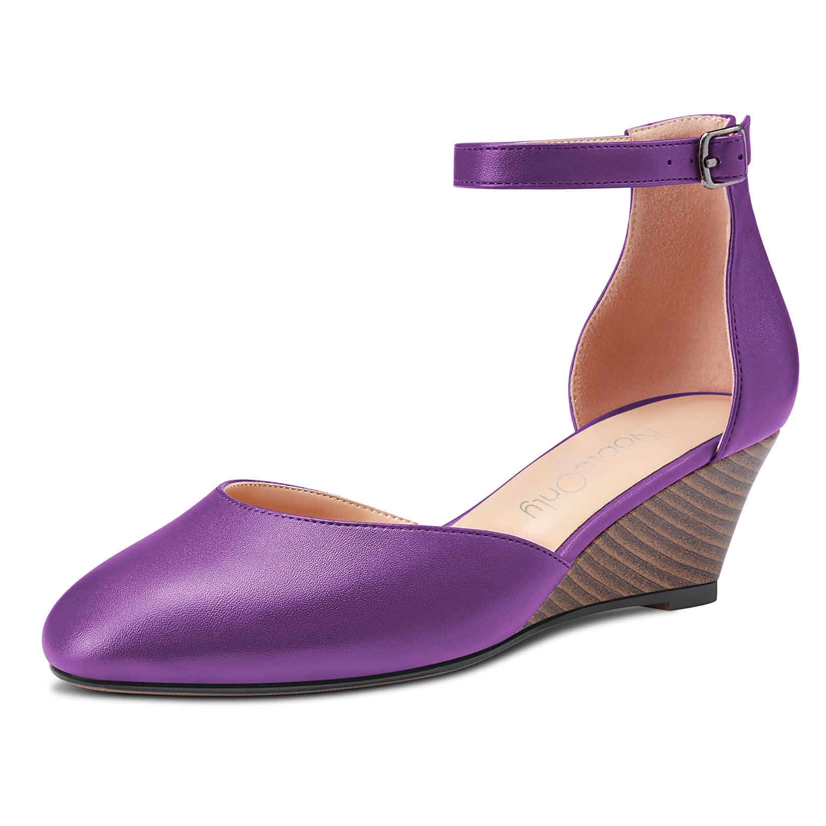 NobleOnly Mujer Medio cuña esparto Heel Redonda Punta Correa Tobillo Sandalias Cute Dress Oficina 5 CM Heels Pumps
